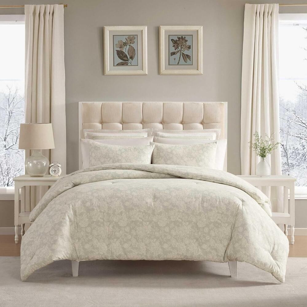 Laura Ashley Meredith Grey King Comforter Set 3 Piece Floral Cotton 108x96